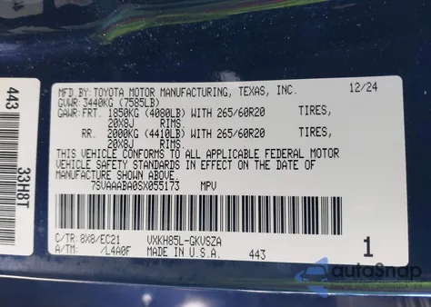 2025 Toyota Sequoia Sr5 from USA, damaged, VIN 7SVAAABA0SX055173